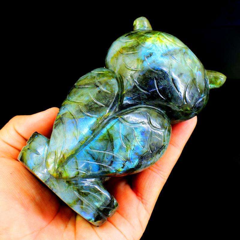 gemsmore:Genuine Golden & Blue Flash Labradorite Carved Owl