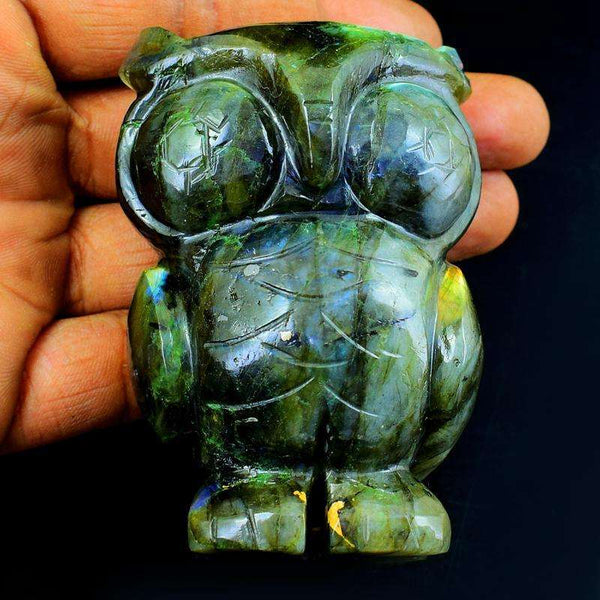 gemsmore:Genuine Golden Flash Labradorite Hand Carved Owl