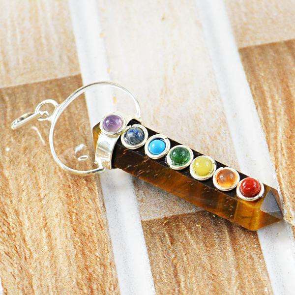 gemsmore:Genuine Golden Seven Chakra Tiger Eye Healing Point Pendant