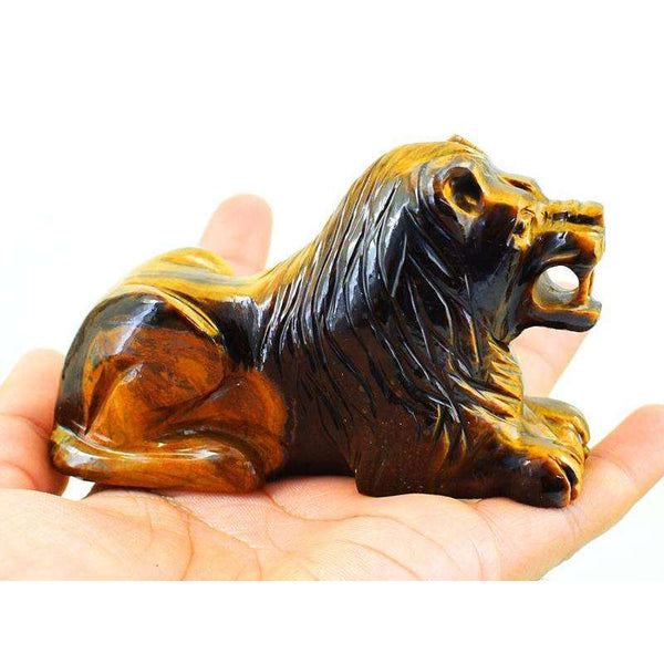gemsmore:Genuine Golden Tiger Eye Carved Lion - King Of Forest