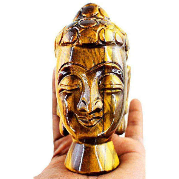 gemsmore:Genuine Golden Tiger Eye Carved Lord Buddha Head