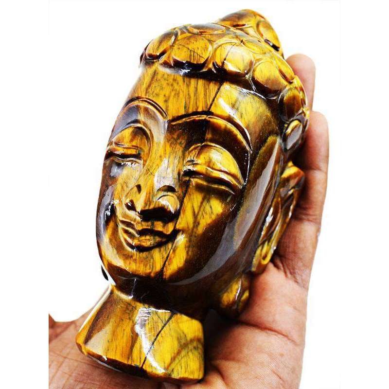 gemsmore:Genuine Golden Tiger Eye Carved Lord Buddha Head