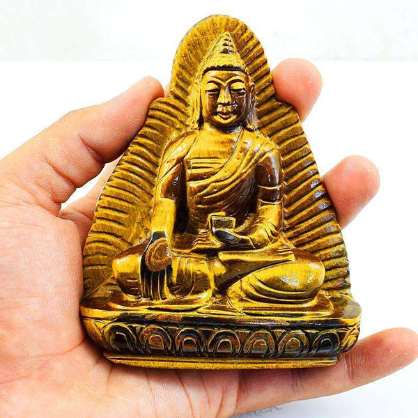 gemsmore:Genuine Golden Tiger Eye Carved Lord Buddha Statue Carving