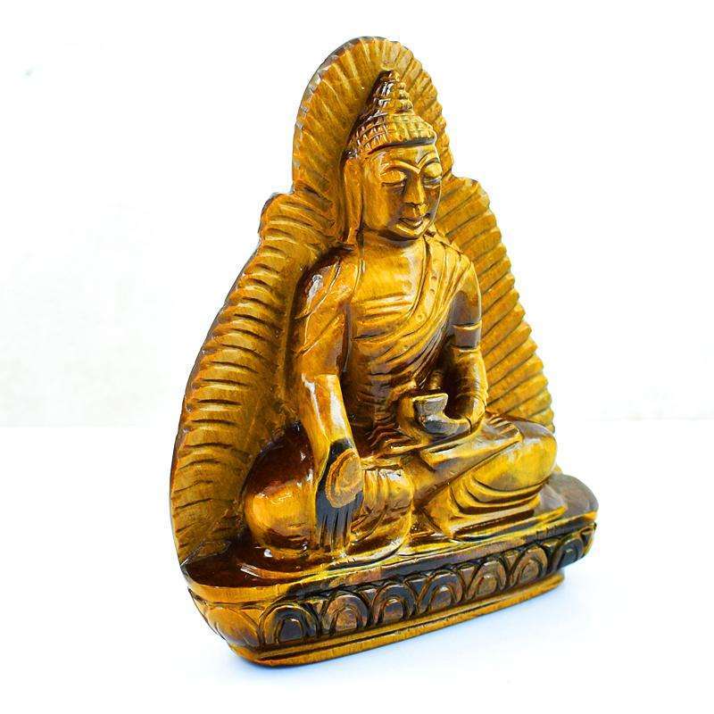 gemsmore:Genuine Golden Tiger Eye Carved Lord Buddha Statue Carving