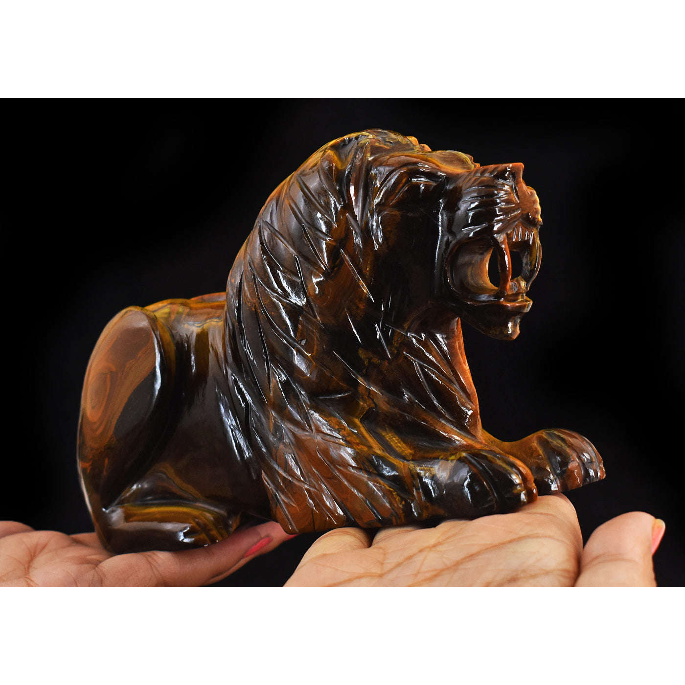 gemsmore:Genuine Golden Tiger Eye Hand Carved Crystal Gemstone Carving Lion