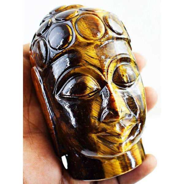 gemsmore:Genuine Golden Tiger Eye Hand Carved Lord Buddha Head