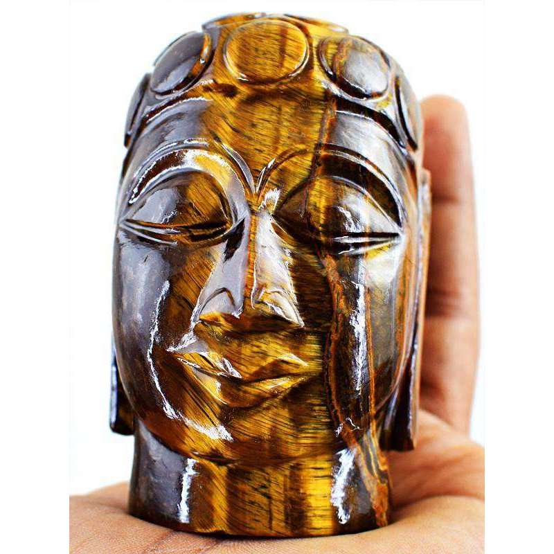 gemsmore:Genuine Golden Tiger Eye Hand Carved Lord Buddha Head