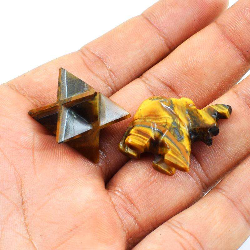 gemsmore:Genuine Golden Tiger Eye Merkaba & Carved Elephant Set