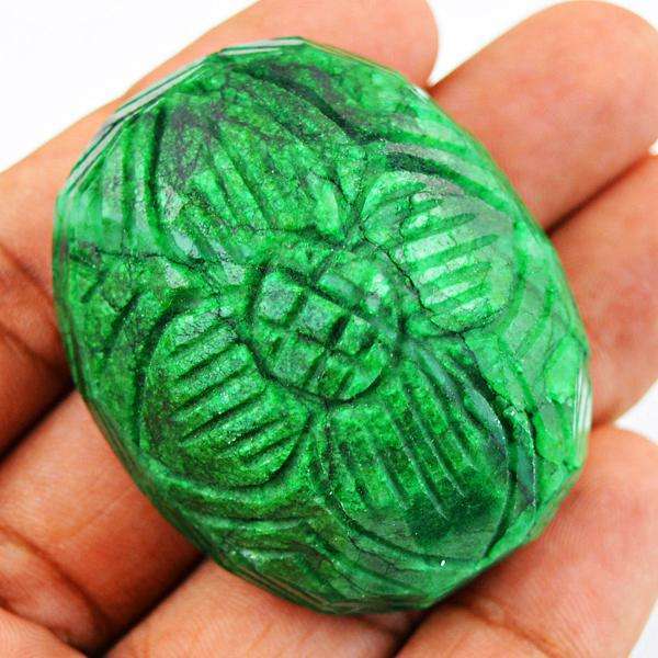 gemsmore:Genuine Green Flower Carved Emerald Untreated Loose Gemstone