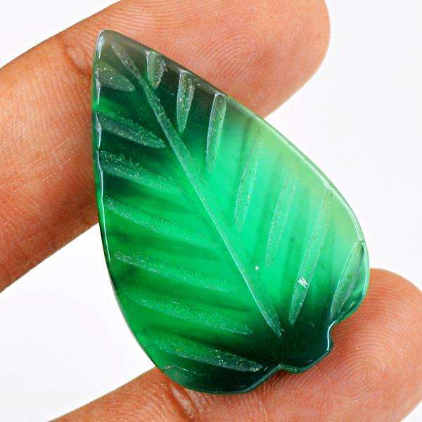 gemsmore:Genuine Green Onyx Leaf Carved Untreated Loose Gemstone