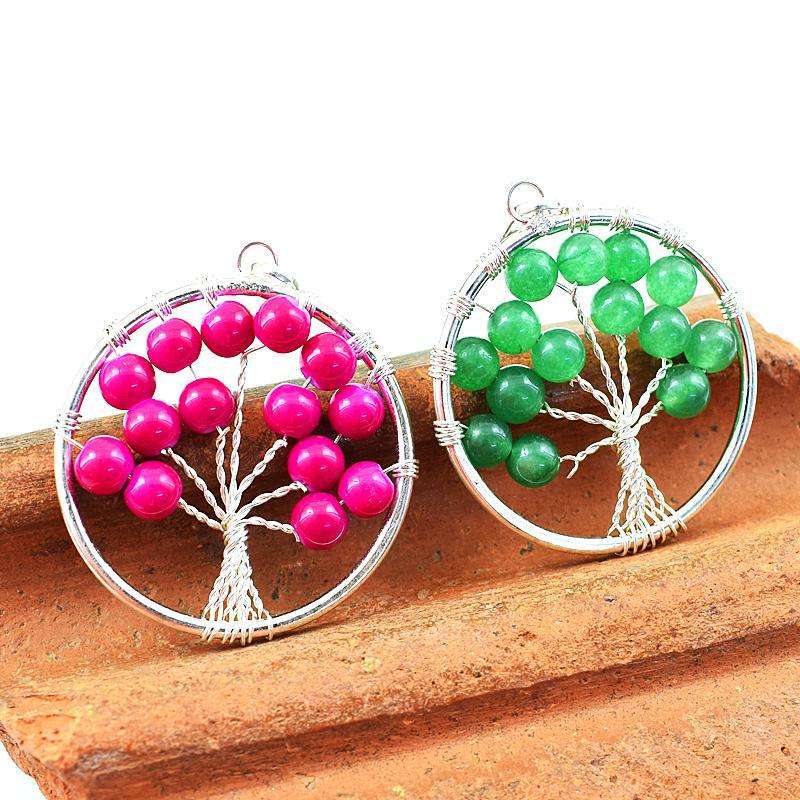 gemsmore:Genuine Green & Pink Onyx Round Shape Healing Tree Pendant Lot