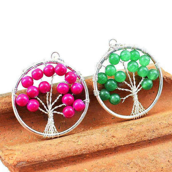 gemsmore:Genuine Green & Pink Onyx Round Shape Healing Tree Pendant Lot