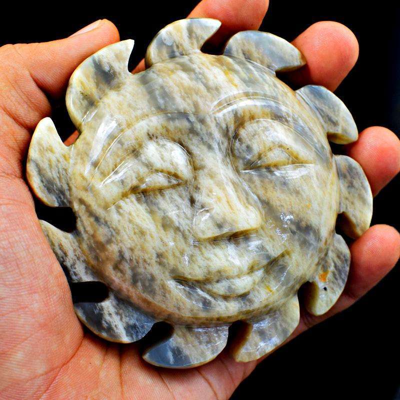 gemsmore:Genuine Hand Carved Grey Moonstone Sun Face