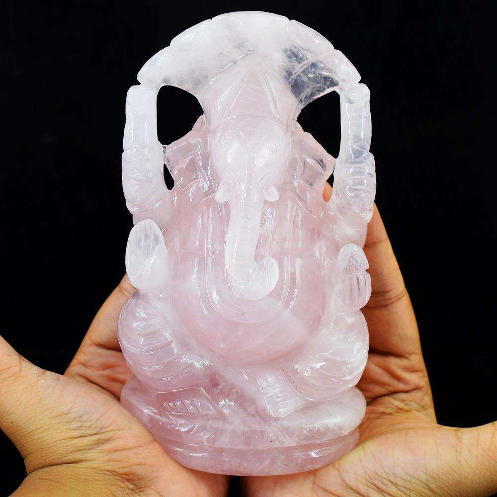 gemsmore:Genuine Hand Carved Pink Rose Quartz Ganesha Idol