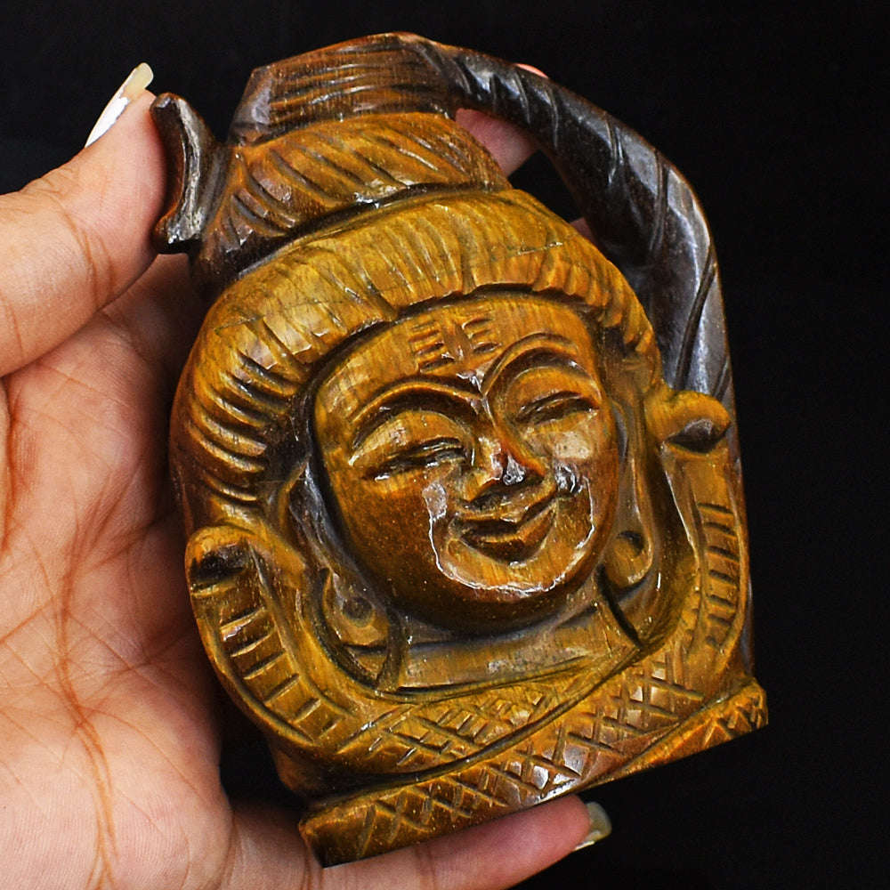 gemsmore:Genuine Hand Carved Tiger Eye  Lord Shiva Head Gemstone