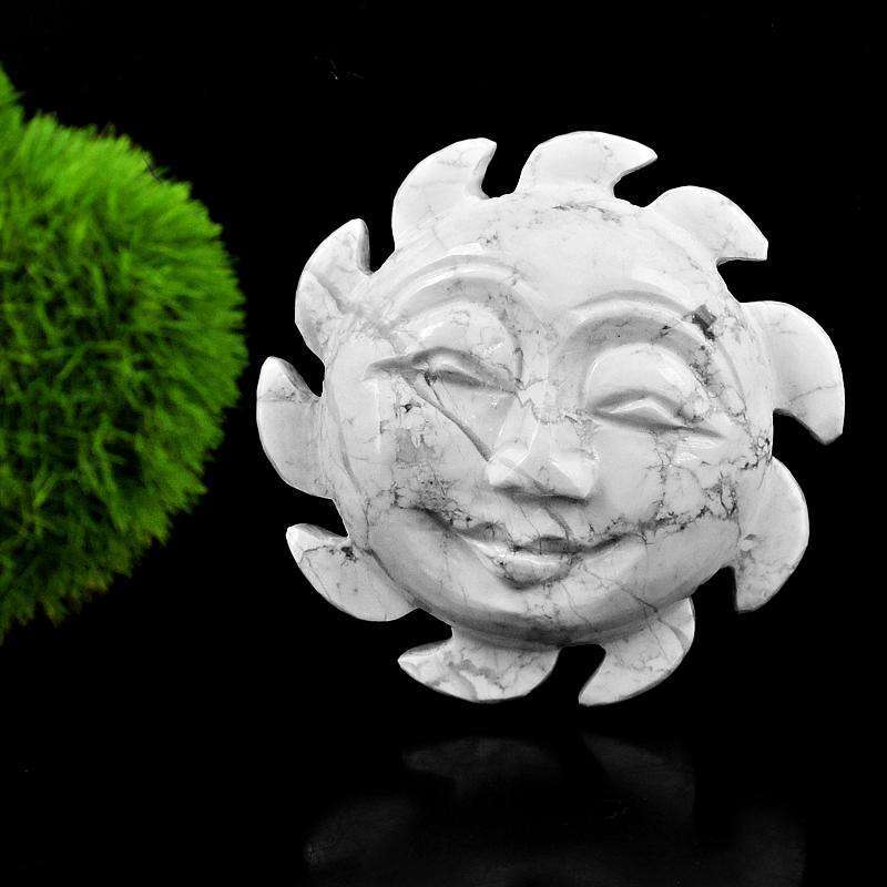 gemsmore:Genuine Howlite Hand Carved Sun Face - Designer