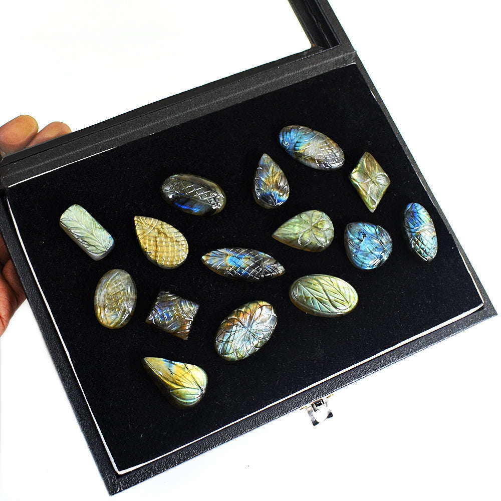 gemsmore:Genuine  Labradorite Carved  Untreated Gemstone Cabochon Lot