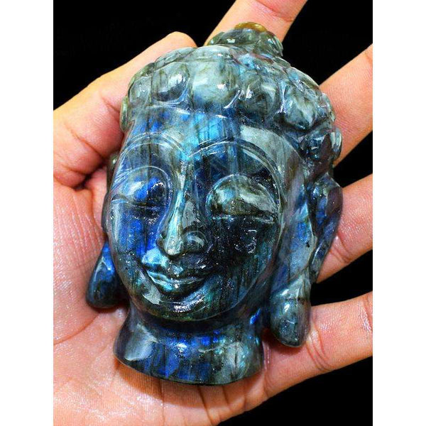 gemsmore:Genuine Labradorite Gemstone Carved Lord Buddha Head Idol