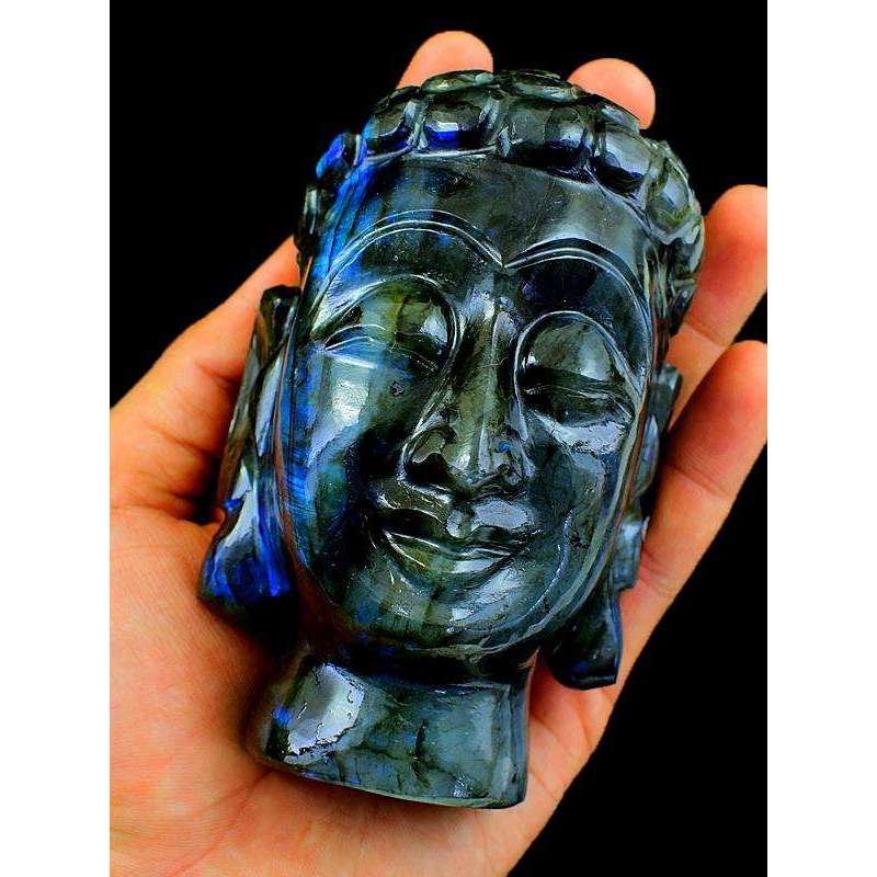 gemsmore:Genuine Labradorite Gemstone Carved Lord Buddha Head Idol Statute