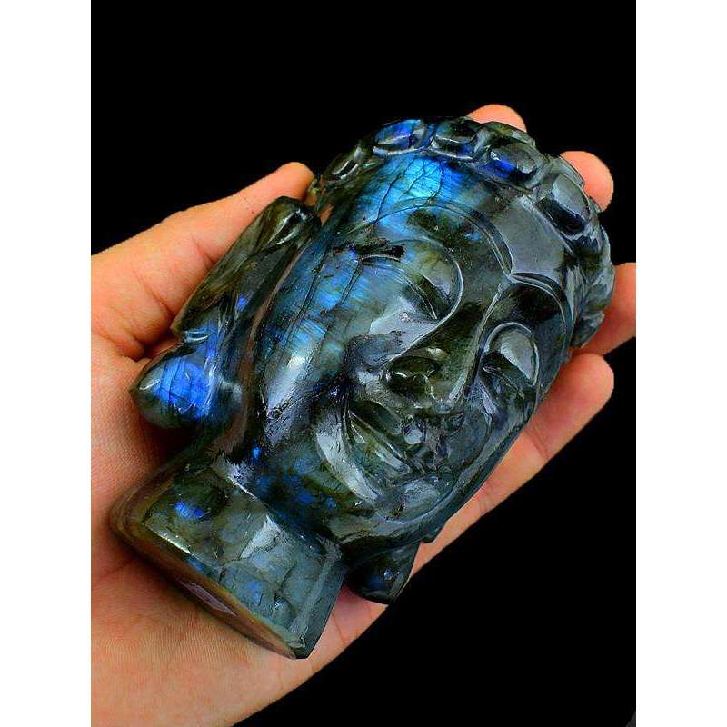 gemsmore:Genuine Labradorite Gemstone Carved Lord Buddha Head Idol Statute