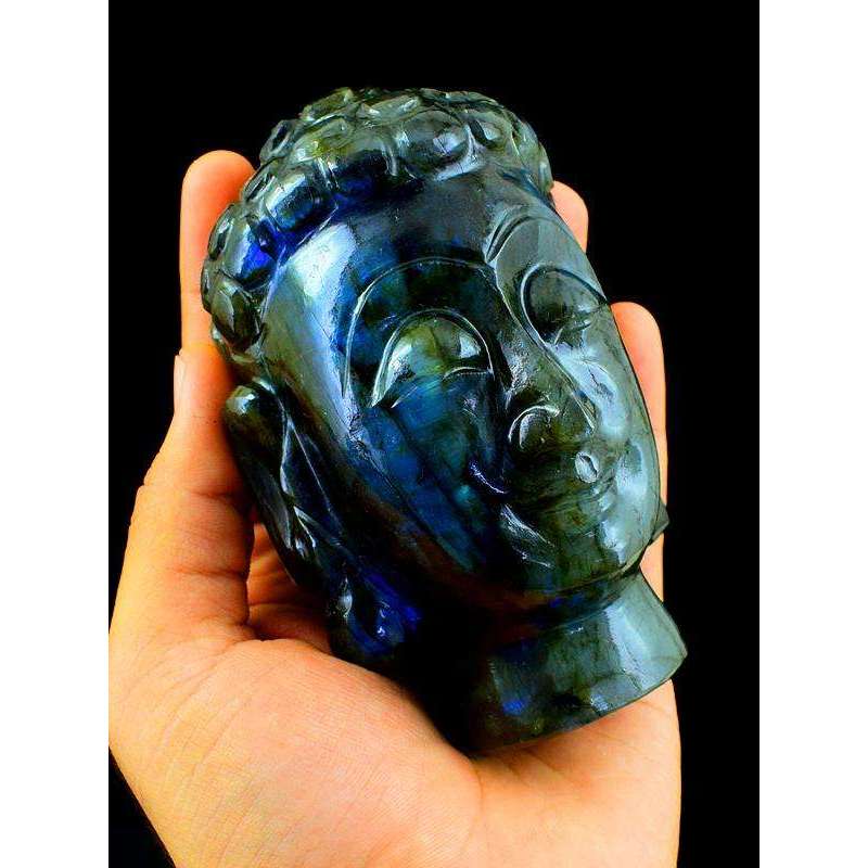 gemsmore:Genuine Labradorite Gemstone Carved Lord Buddha Head Idol Statute