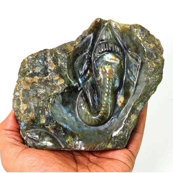 gemsmore:Genuine Labradorite Hand Carved Genuine Crystal Gemstone Carving Cave Lord Ganesha