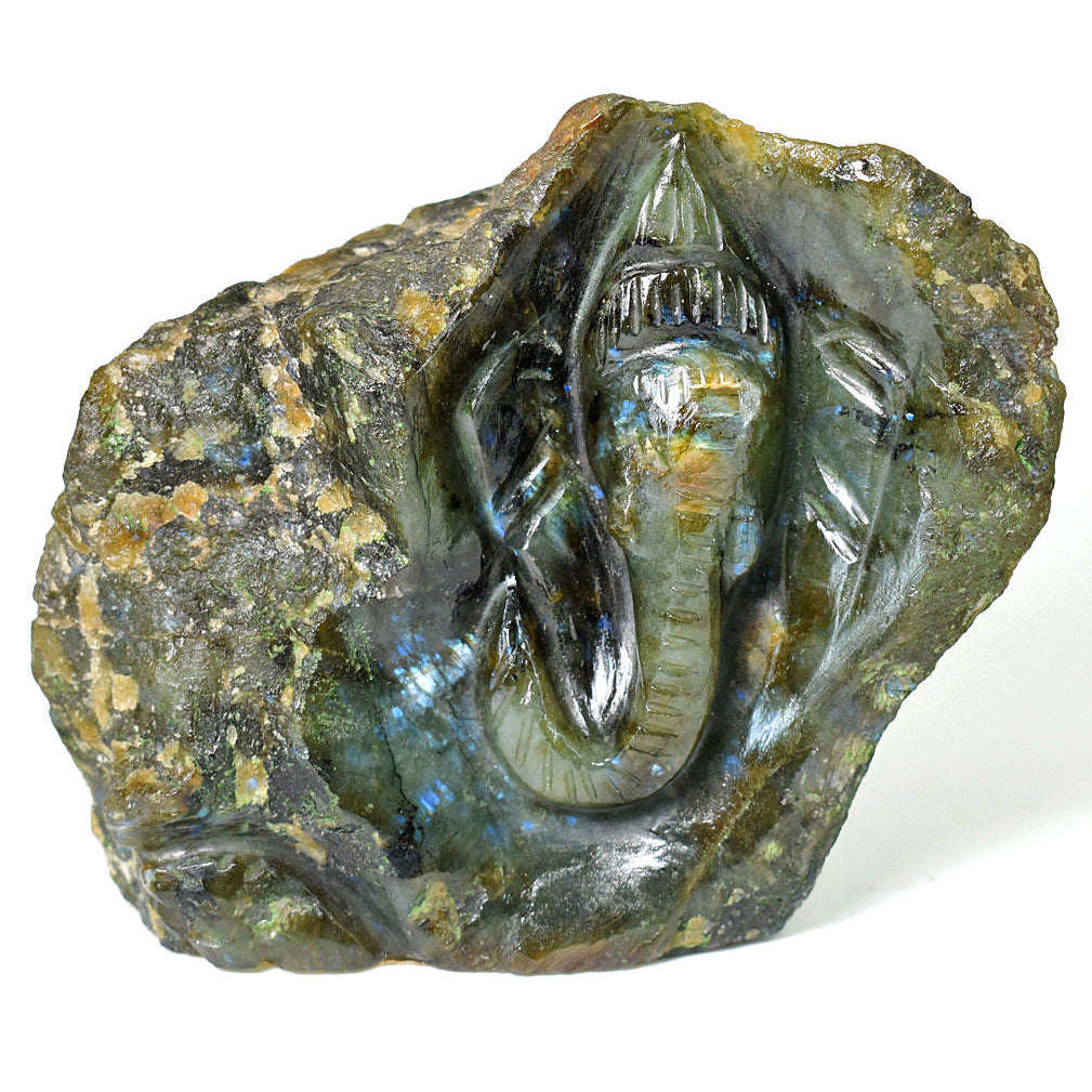 gemsmore:Genuine Labradorite Hand Carved Genuine Crystal Gemstone Carving Cave Lord Ganesha