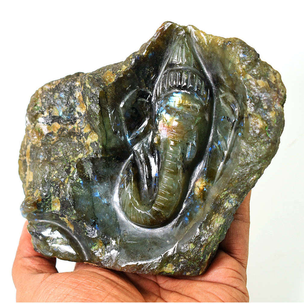 gemsmore:Genuine Labradorite Hand Carved Genuine Crystal Gemstone Carving Cave Lord Ganesha