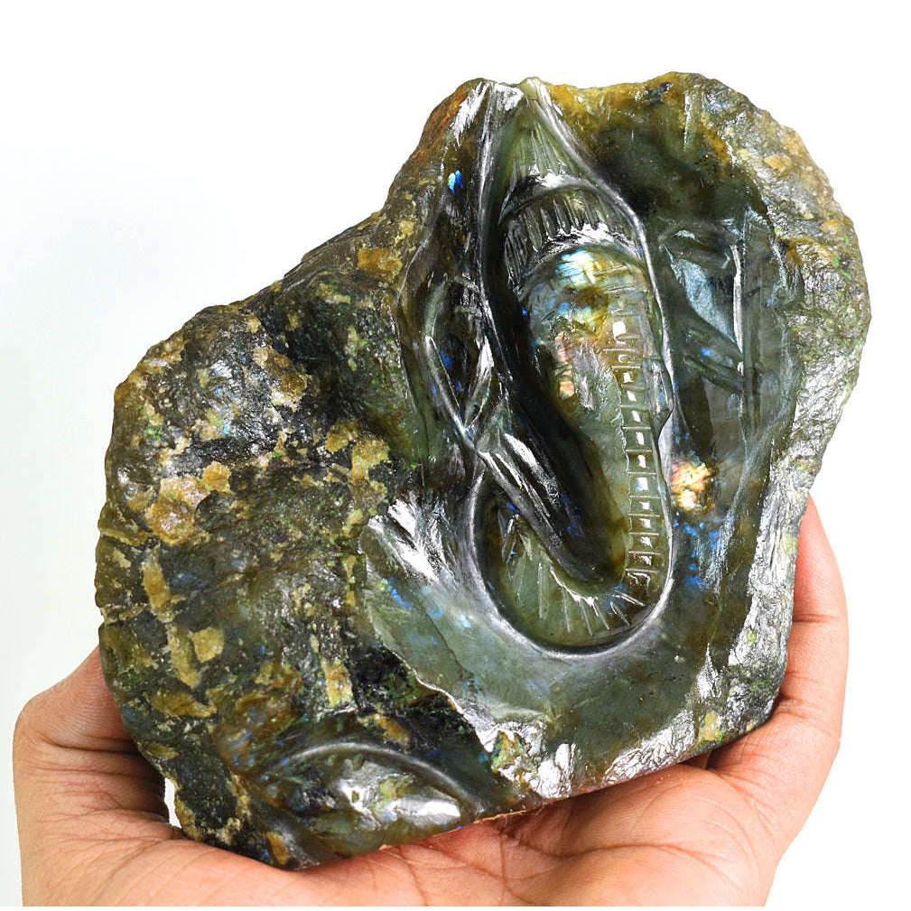 gemsmore:Genuine Labradorite Hand Carved Genuine Crystal Gemstone Carving Cave Lord Ganesha