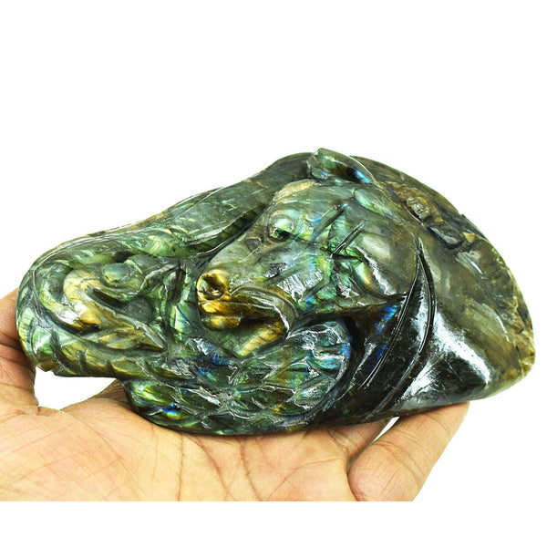 gemsmore:Genuine Labradorite Hand Carved Genuine Crystal Gemstone Carving Horse Head With Snake