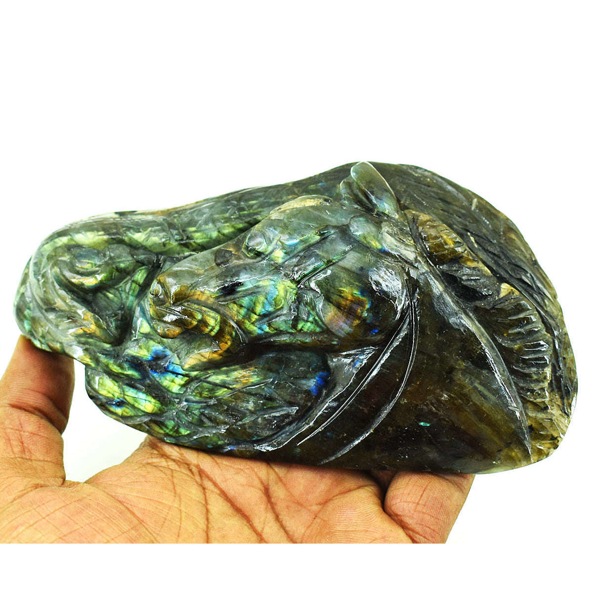 gemsmore:Genuine Labradorite Hand Carved Genuine Crystal Gemstone Carving Horse Head With Snake