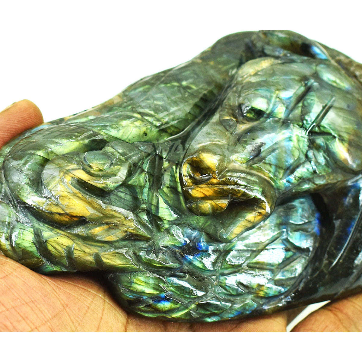 gemsmore:Genuine Labradorite Hand Carved Genuine Crystal Gemstone Carving Horse Head With Snake