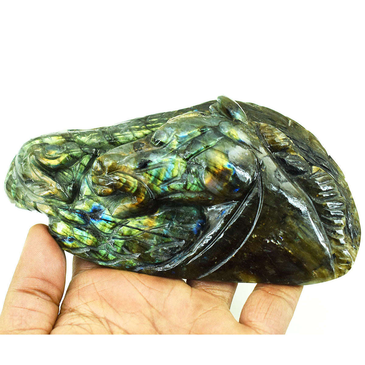 gemsmore:Genuine Labradorite Hand Carved Genuine Crystal Gemstone Carving Horse Head With Snake