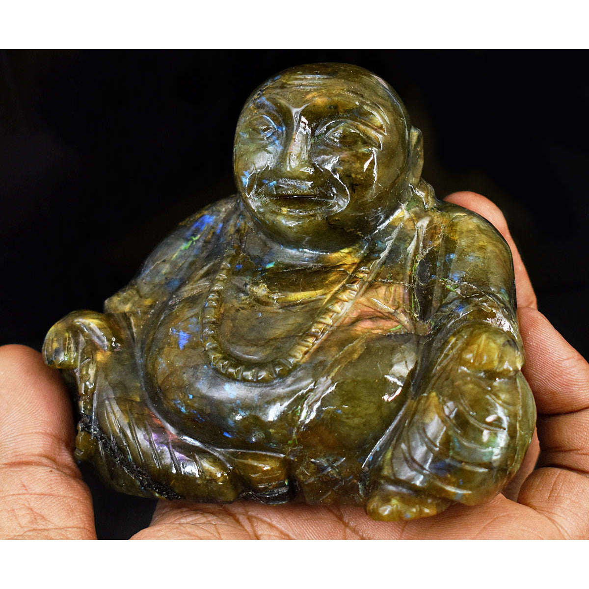 gemsmore:Genuine Labradorite Hand Carved Genuine Crystal Gemstone Carving Laughing Buddha