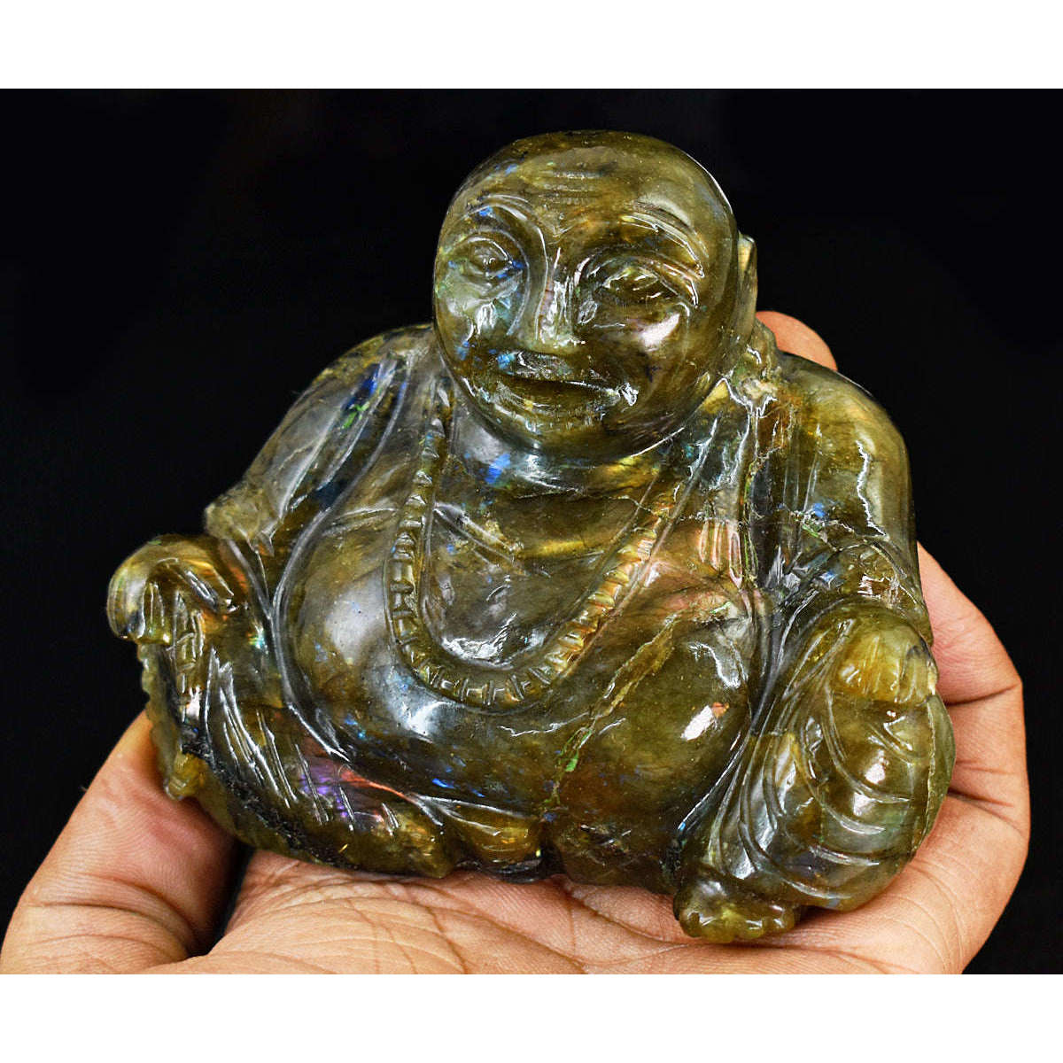 gemsmore:Genuine Labradorite Hand Carved Genuine Crystal Gemstone Carving Laughing Buddha