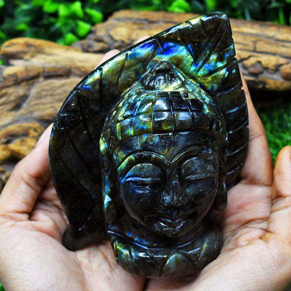 gemsmore:Genuine Labradorite Hand Carved Genuine Crystal Gemstone Carving Leaf Palm Buddha Head