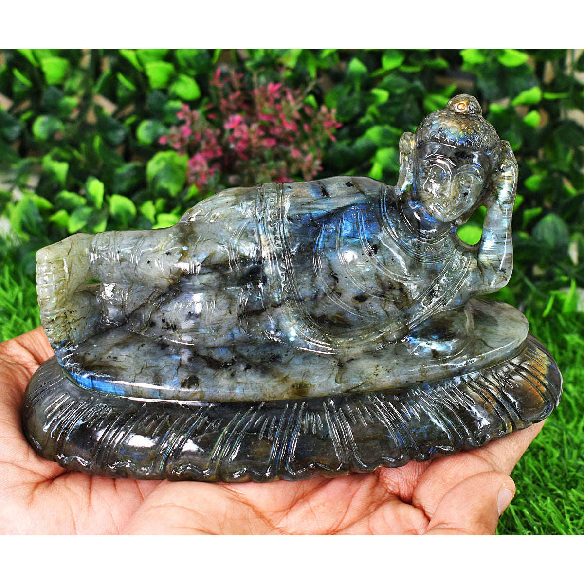 gemsmore:Genuine Labradorite  Hand Carved Genuine Crystal Gemstone Carving Sleeping Lord Buddha