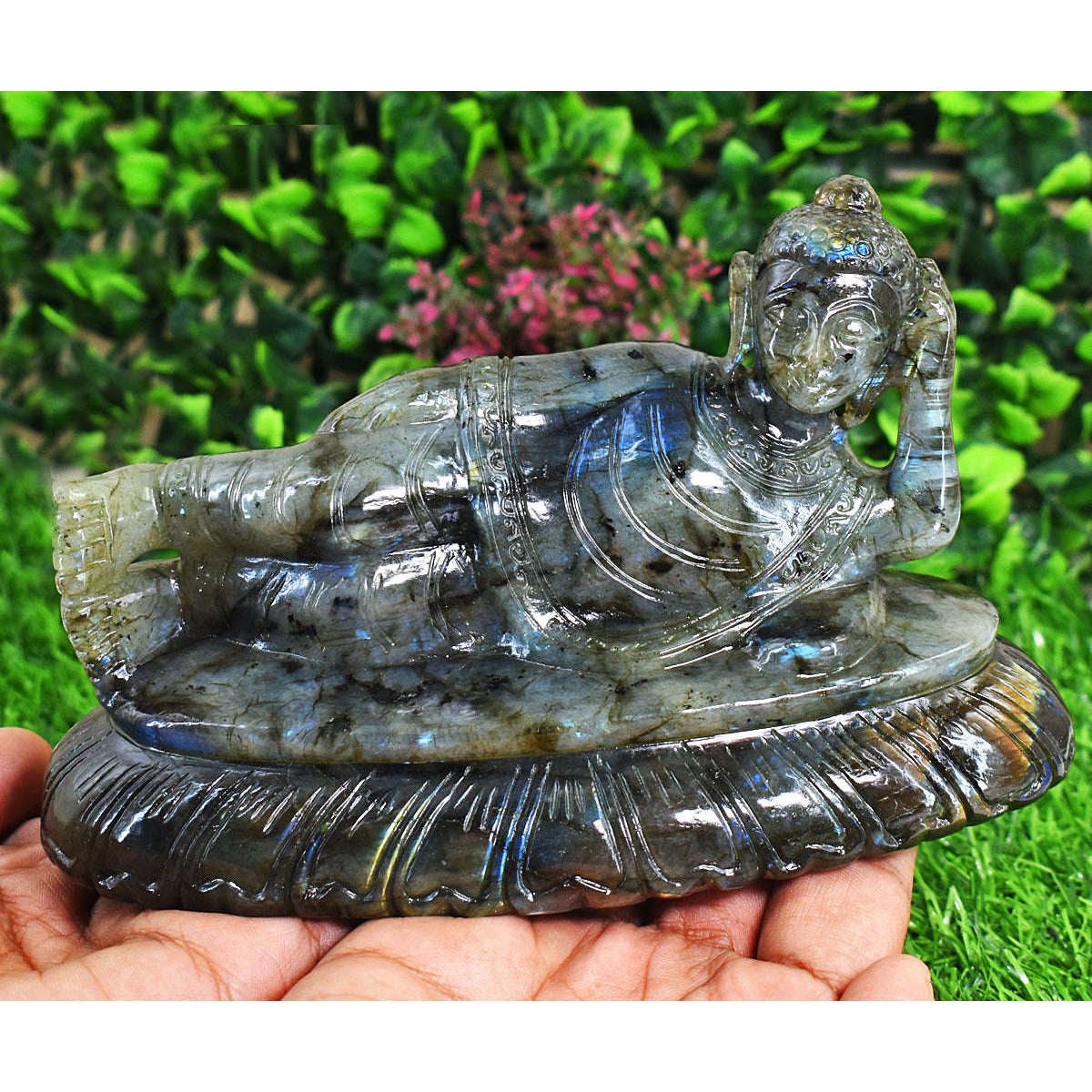 gemsmore:Genuine Labradorite  Hand Carved Genuine Crystal Gemstone Carving Sleeping Lord Buddha