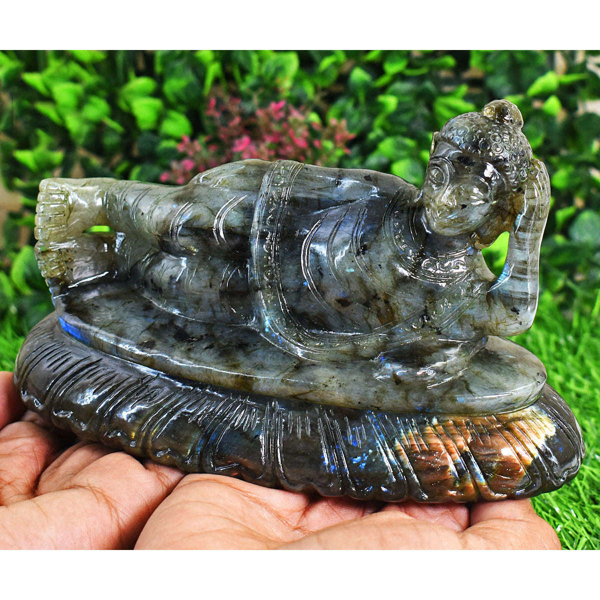 gemsmore:Genuine Labradorite  Hand Carved Genuine Crystal Gemstone Carving Sleeping Lord Buddha