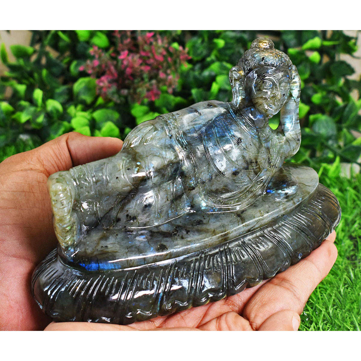 gemsmore:Genuine Labradorite  Hand Carved Genuine Crystal Gemstone Carving Sleeping Lord Buddha