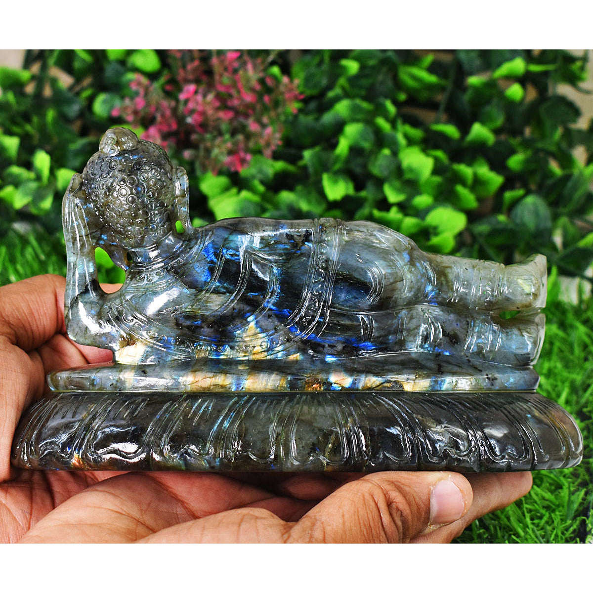 gemsmore:Genuine Labradorite  Hand Carved Genuine Crystal Gemstone Carving Sleeping Lord Buddha