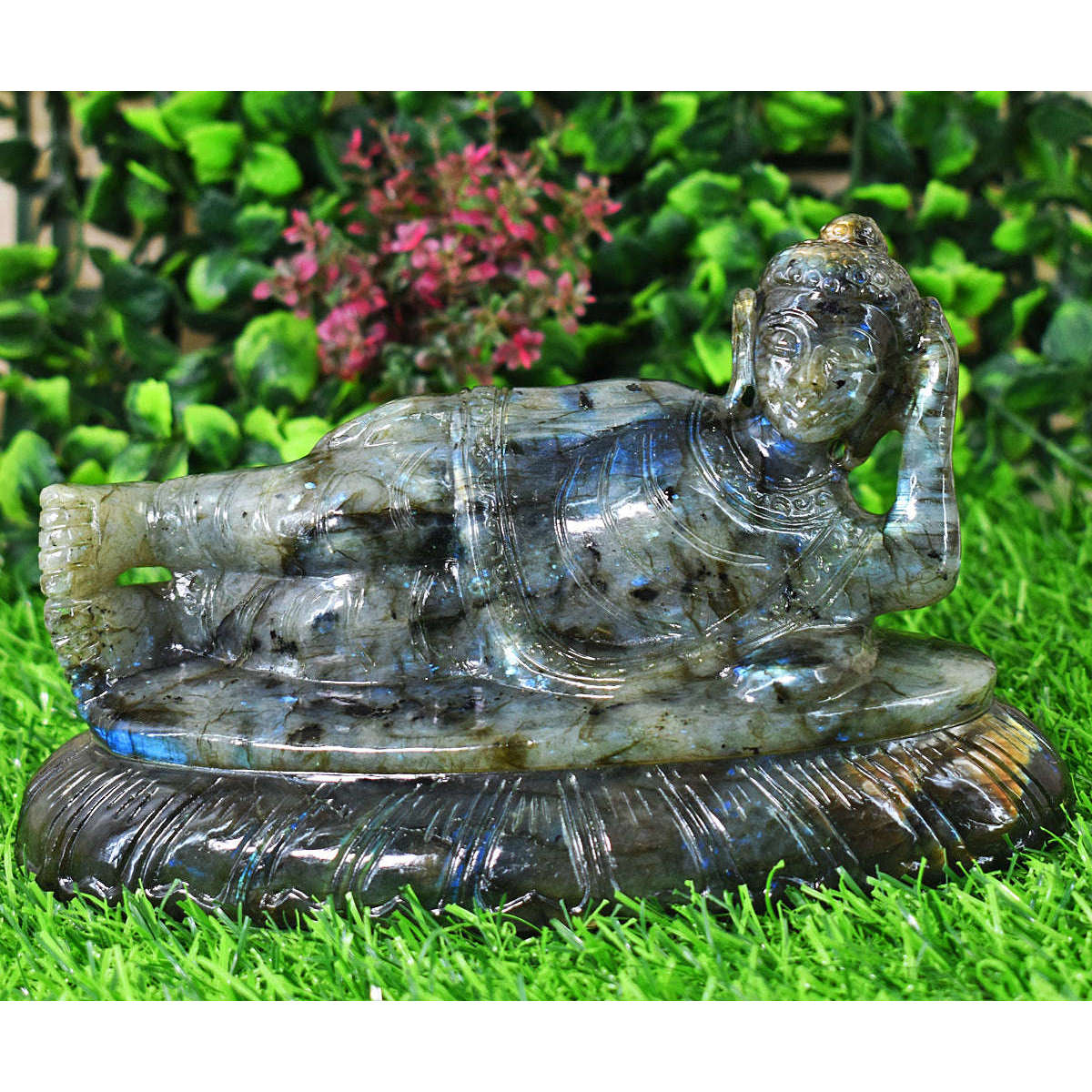 gemsmore:Genuine Labradorite  Hand Carved Genuine Crystal Gemstone Carving Sleeping Lord Buddha