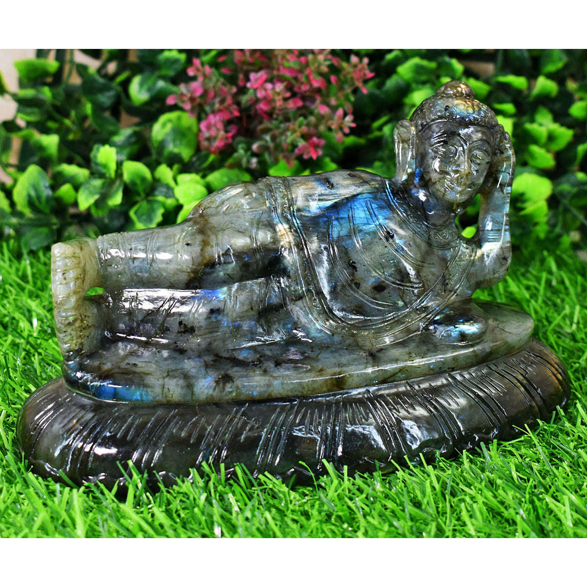 gemsmore:Genuine Labradorite  Hand Carved Genuine Crystal Gemstone Carving Sleeping Lord Buddha