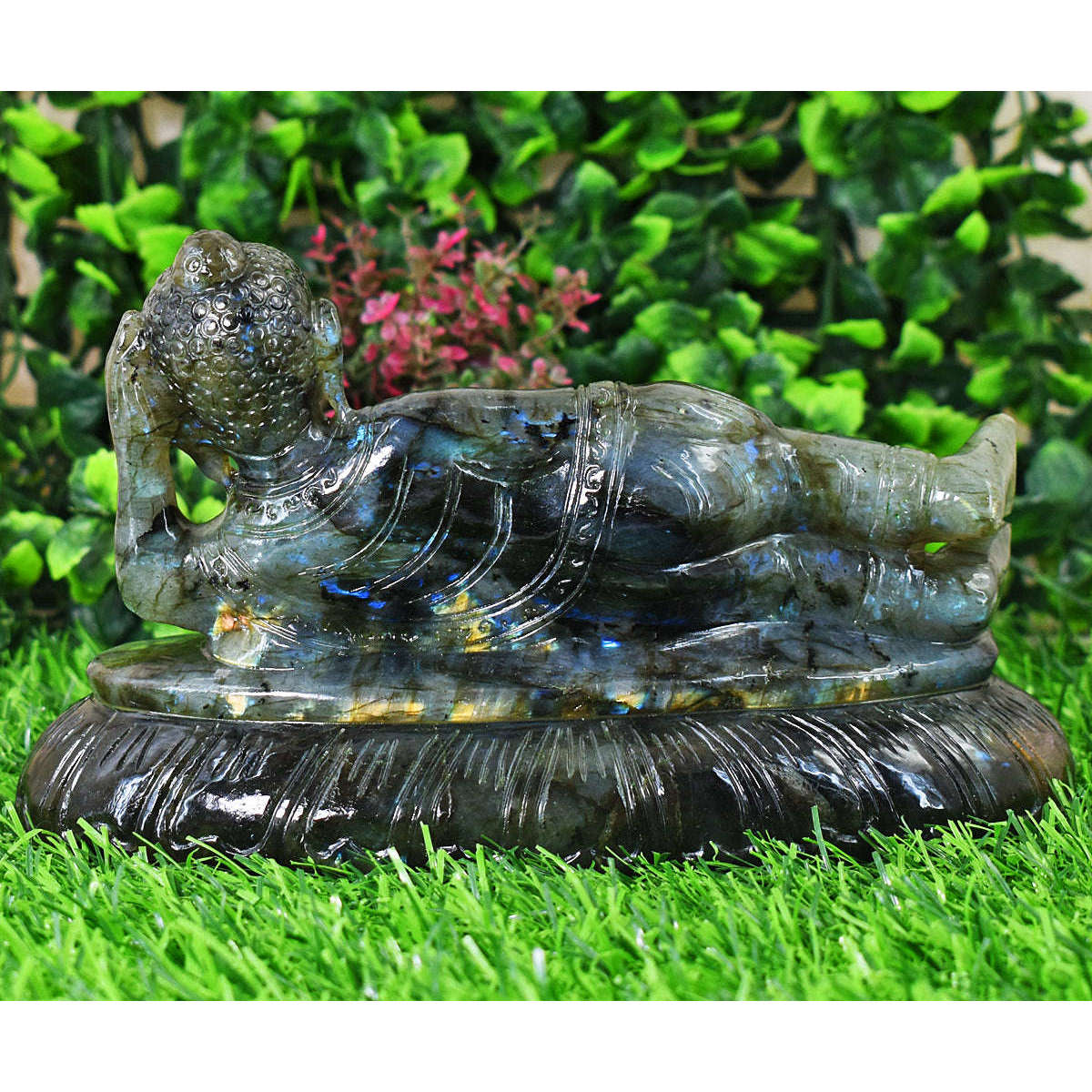 gemsmore:Genuine Labradorite  Hand Carved Genuine Crystal Gemstone Carving Sleeping Lord Buddha