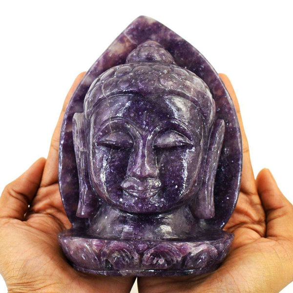 gemsmore:Genuine Lepidolite Hand Carved Genuine Crystal Gemstone Carving Leaf Palm Buddha Head