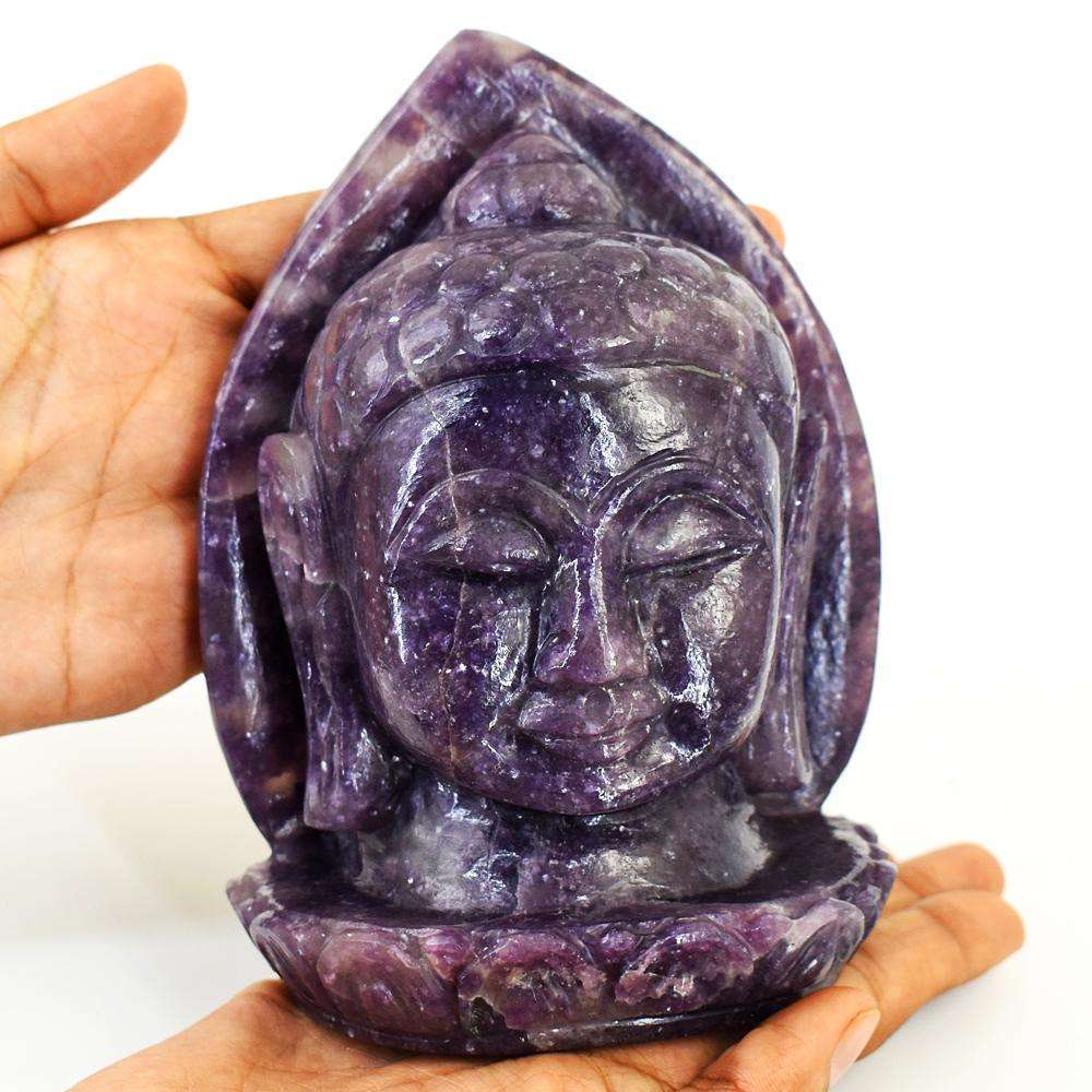 gemsmore:Genuine Lepidolite Hand Carved Genuine Crystal Gemstone Carving Leaf Palm Buddha Head