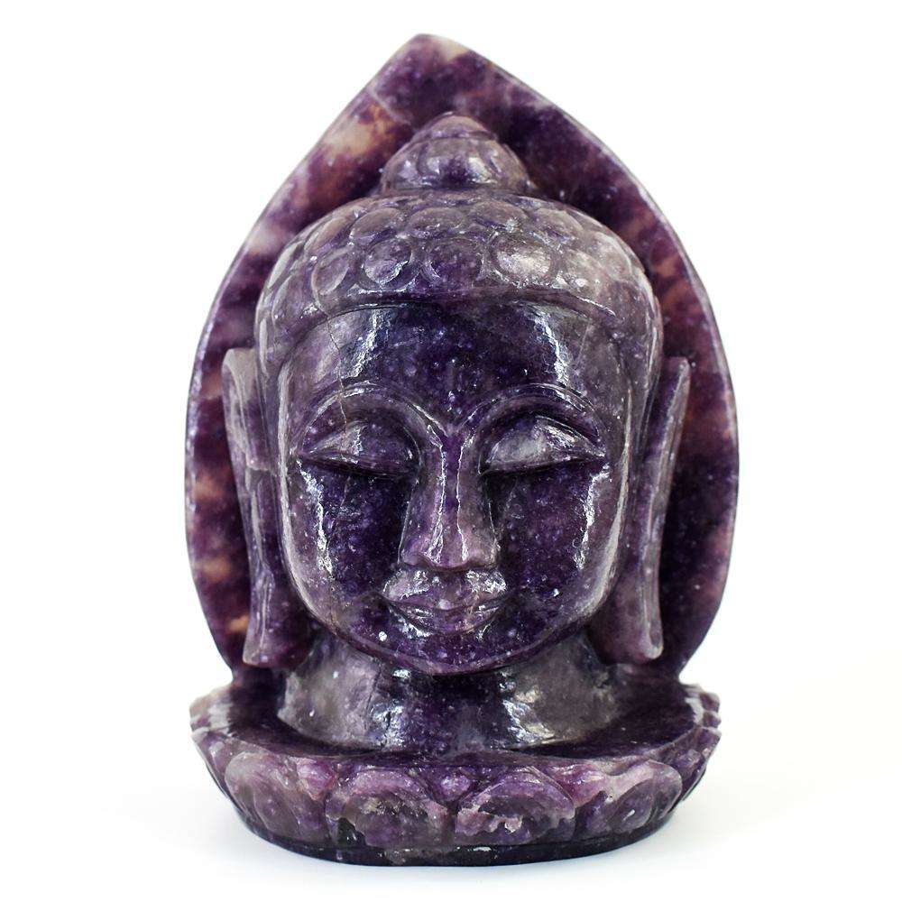 gemsmore:Genuine Lepidolite Hand Carved Genuine Crystal Gemstone Carving Leaf Palm Buddha Head