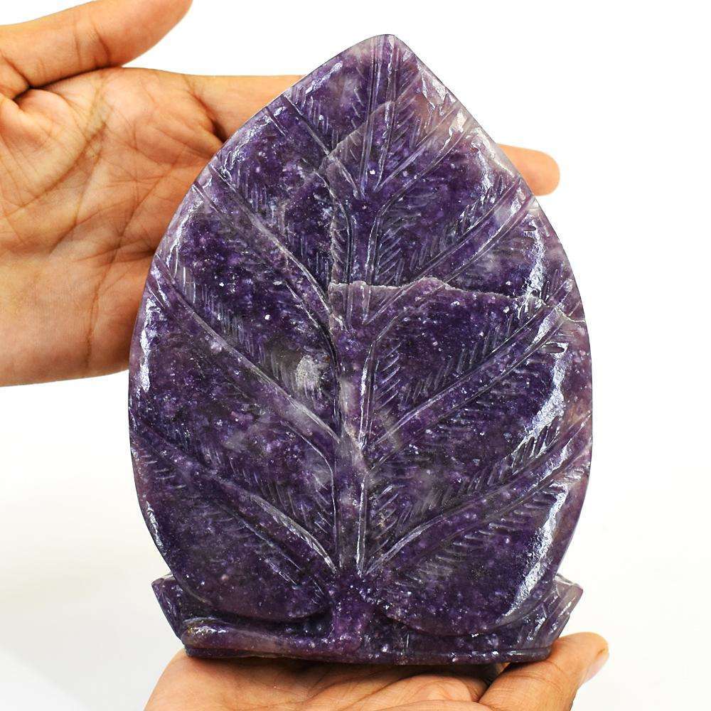 gemsmore:Genuine Lepidolite Hand Carved Genuine Crystal Gemstone Carving Leaf Palm Buddha Head