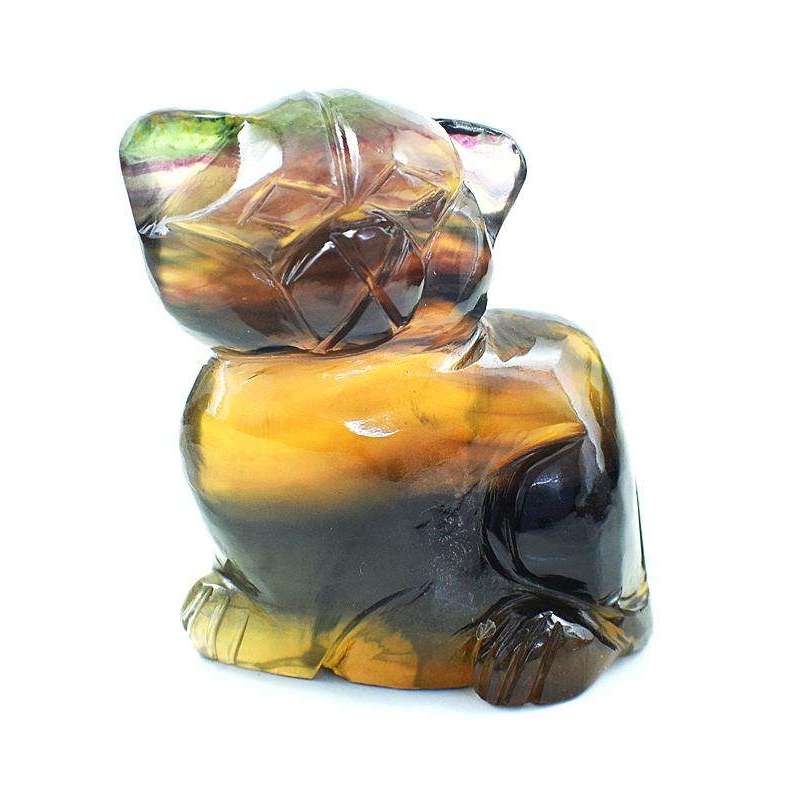 gemsmore:Genuine Multicolor Fluorite Carved Cat Gemstone