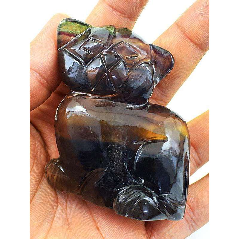 gemsmore:Genuine Multicolor Fluorite Carved Cat Gemstone